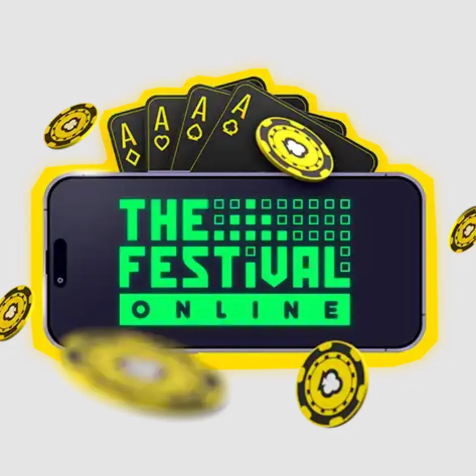The Festival Online – pokerový turnaj a kasino akce Logo The Festival Online s mobilním telefonem, žetony a kartami se čtyřmi esy